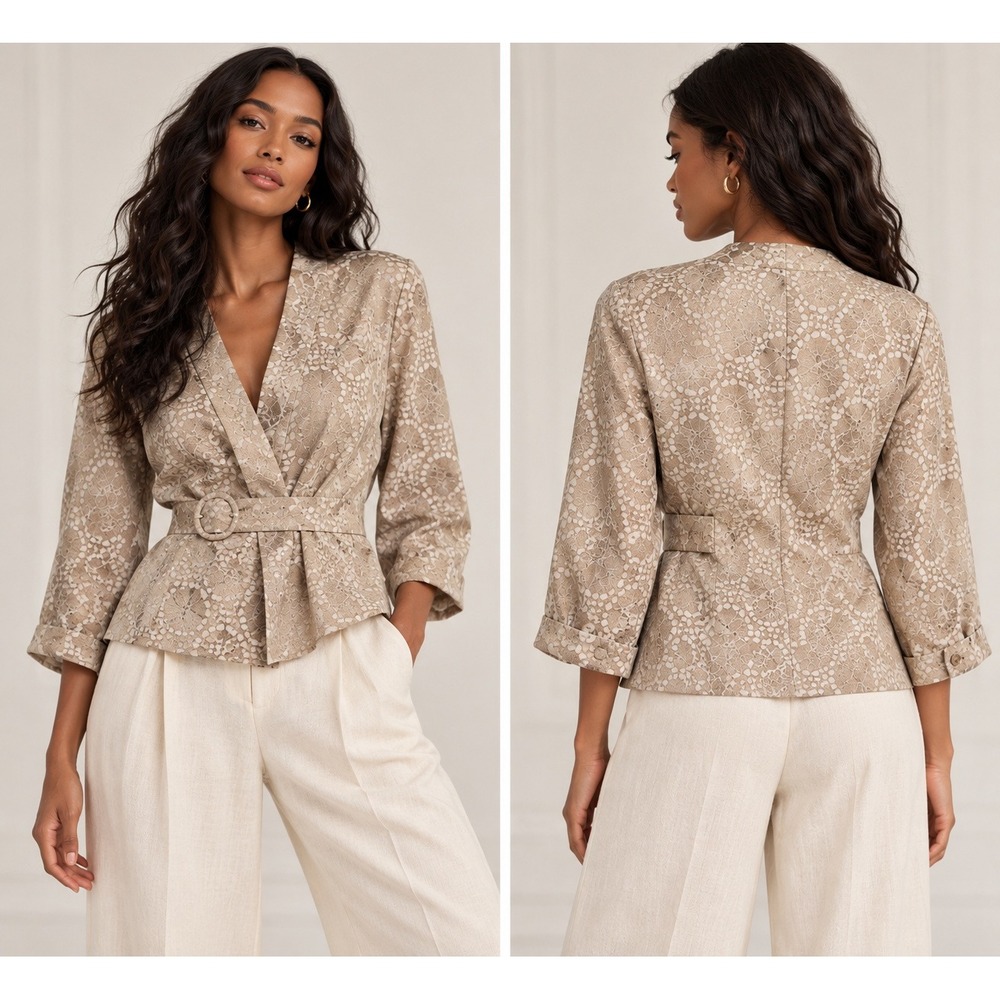 Isabella Suits Vintage Champagne Gold Belted Jacquard Blazer Jacket Size 18